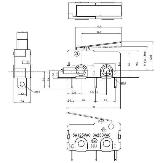 Snap-Action Switch with 16.7mm Lever: 3-Pin, SPDT, 5A