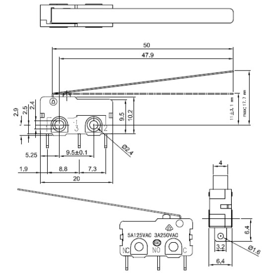 Snap-Action Switch with 50mm Lever: 3-Pin, SPDT, 5A