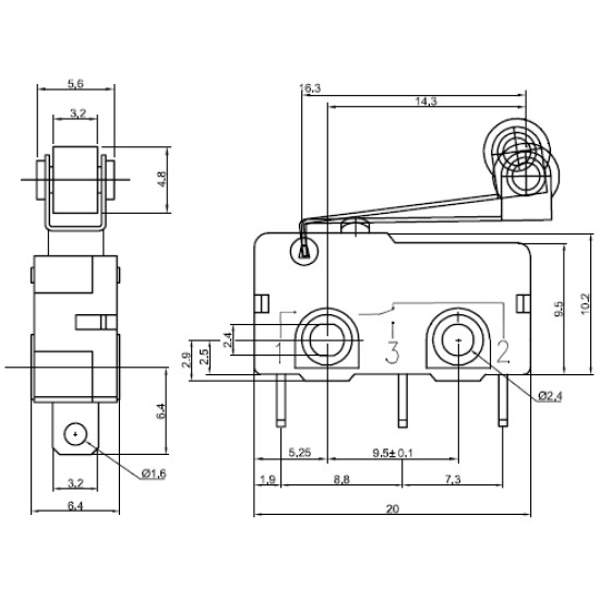 Snap-Action Switch with 16.3mm Roller Lever: 3-Pin, SPDT, 5A